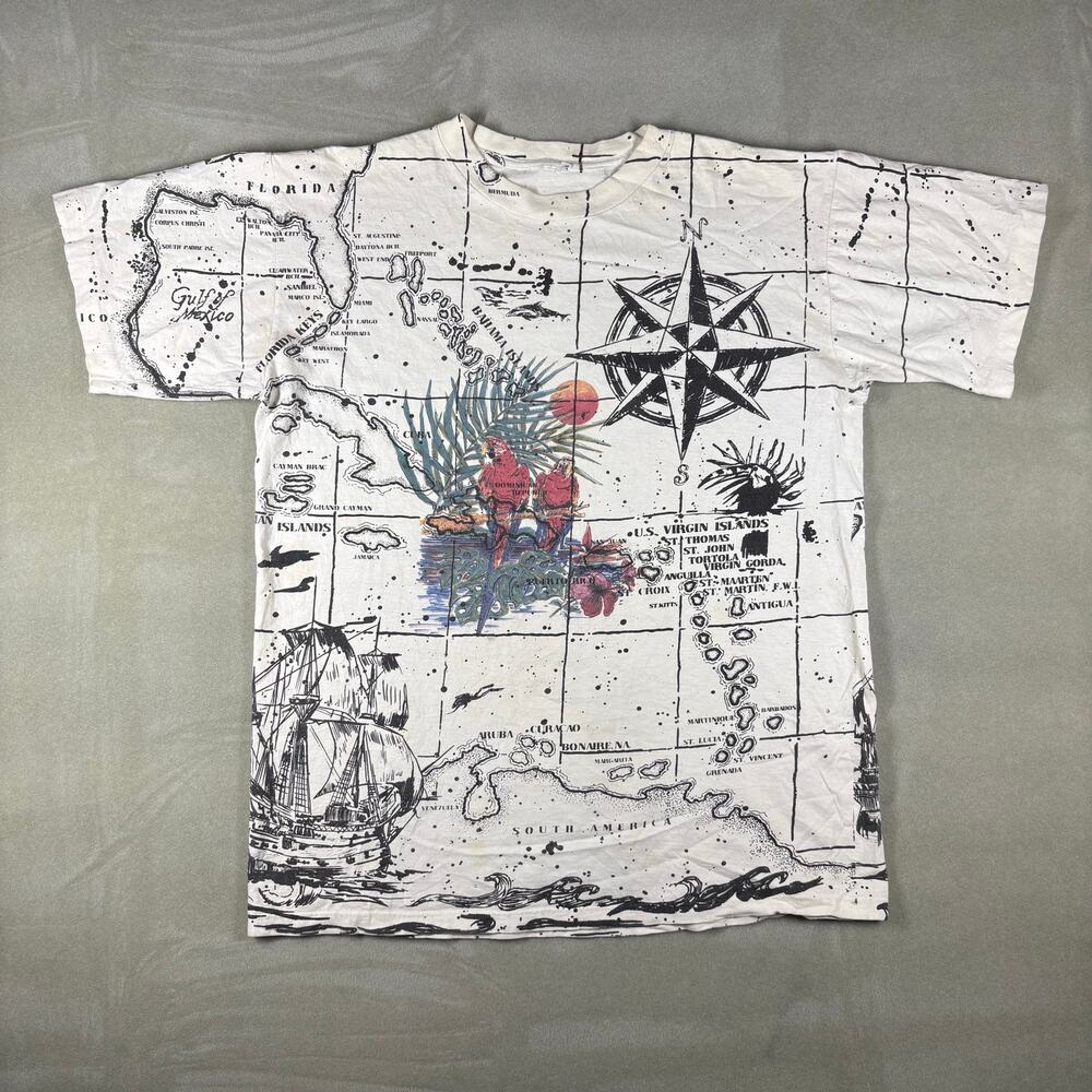 Vintage Caribbean Map All Over Print Nautical Parrot Sailing T Shirt L